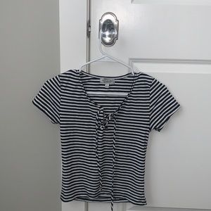 Black and white striped lace up t-shirt